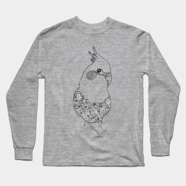 black and white line cockatiel parrot bird flower Long Sleeve T-Shirt by Oranjade0122